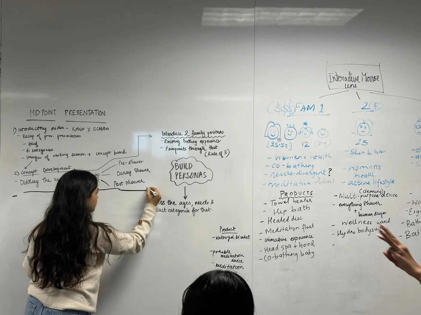Navyaa mapping out a presentation flow on a whiteboard.